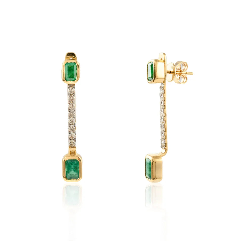 Fashionable Jewelry Natural Emerald & Diamond 18K Yellow Gold Shoulder Duster Earring