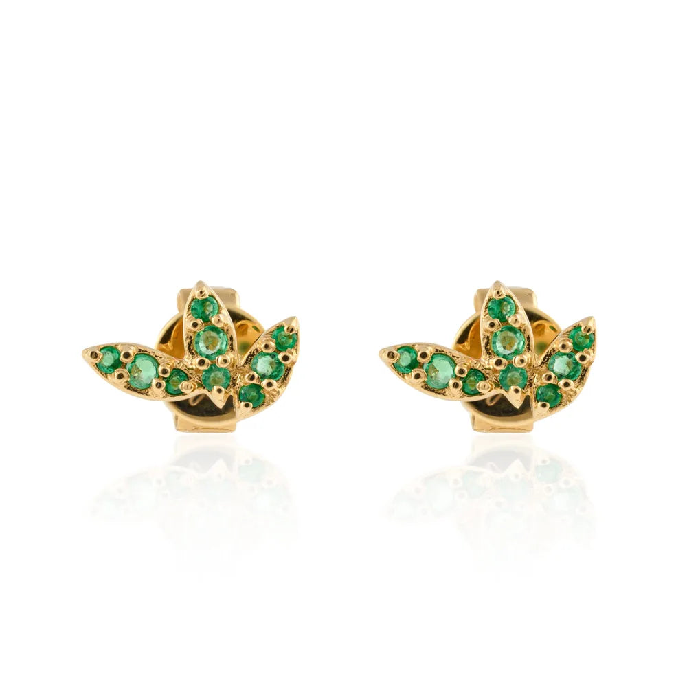 Fashion Jewelry Natural Emerald 18K Solid Yellow Gold Flower Stud Tiny Earring