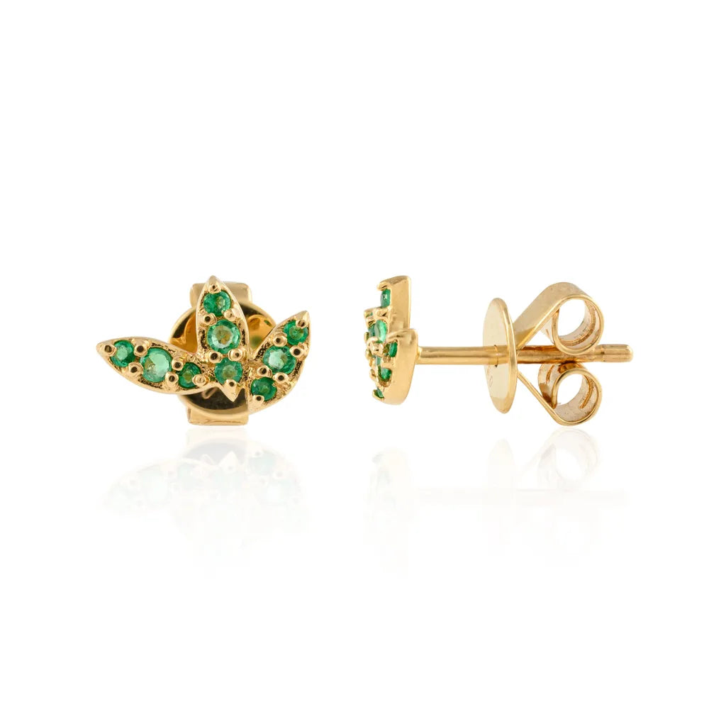 Fashion Jewelry Natural Emerald 18K Solid Yellow Gold Flower Stud Tiny Earring