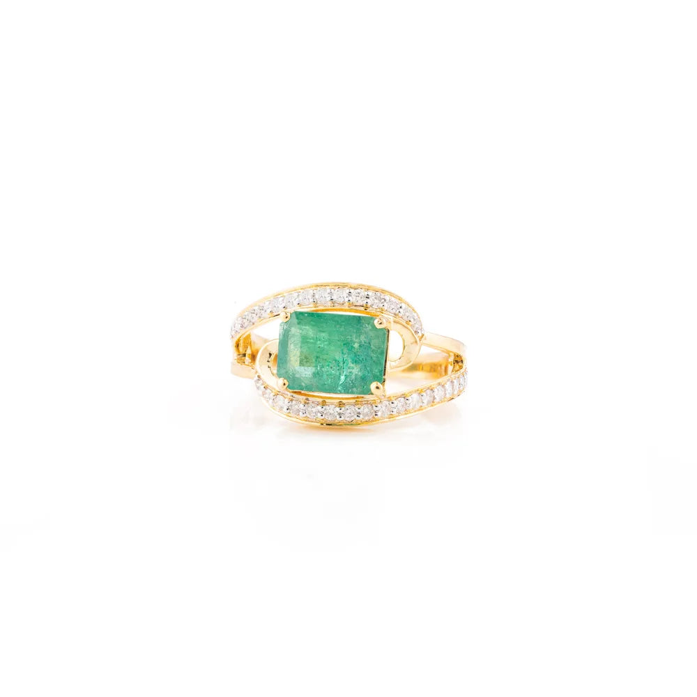 Octagon Shape Emerald & Diamond Solid 18K Yellow Gold Ring