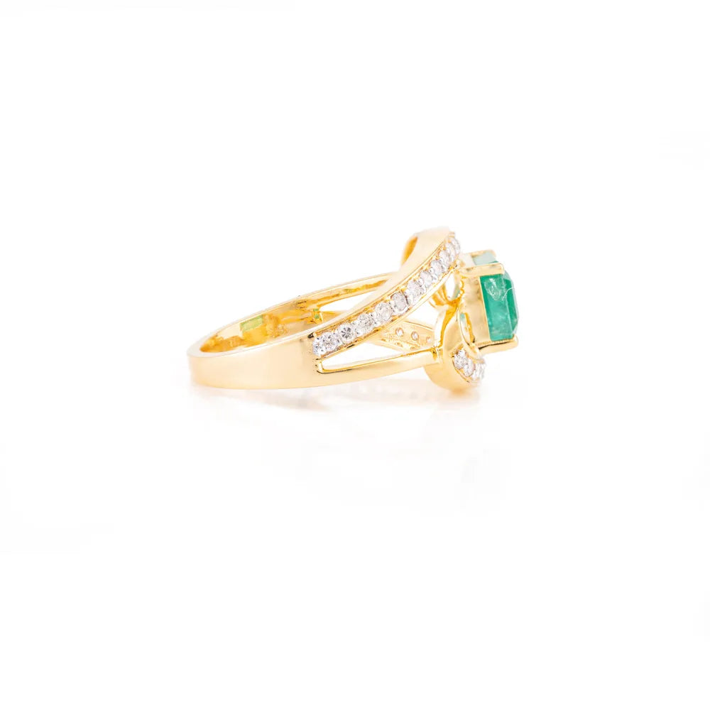 Octagon Shape Emerald & Diamond Solid 18K Yellow Gold Ring