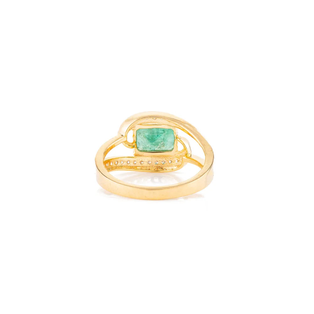 Octagon Shape Emerald & Diamond Solid 18K Yellow Gold Ring