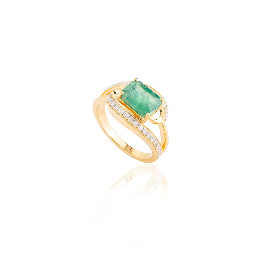 Octagon Shape Emerald & Diamond Solid 18K Yellow Gold Ring