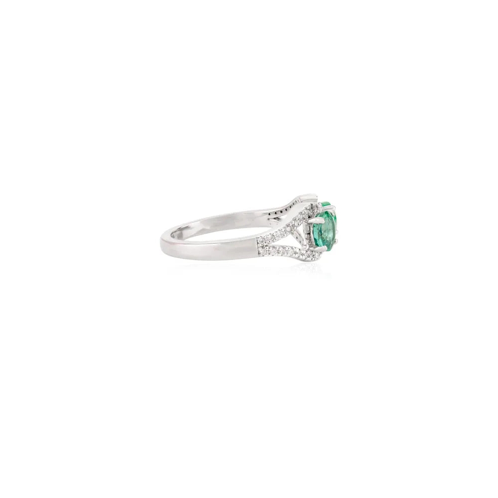 Two Stone Emerald & Diamond Loop 14k Solid White Gold Wedding Ring