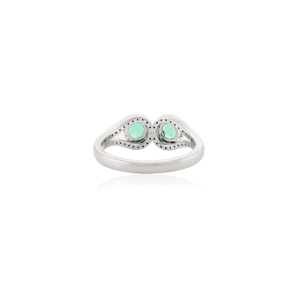 Two Stone Emerald & Diamond Loop 14k Solid White Gold Wedding Ring