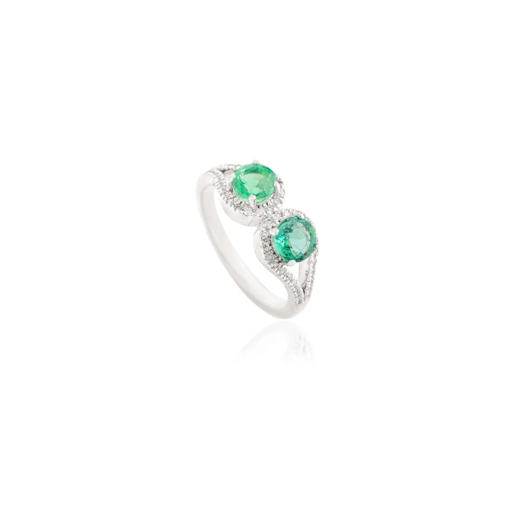 Two Stone Emerald & Diamond Loop 14k Solid White Gold Wedding Ring