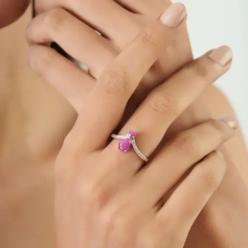 Beautiful 925 Silver Ruby & Diamond Handmade V Shape Chevron Ring Fine Jewelry For Women