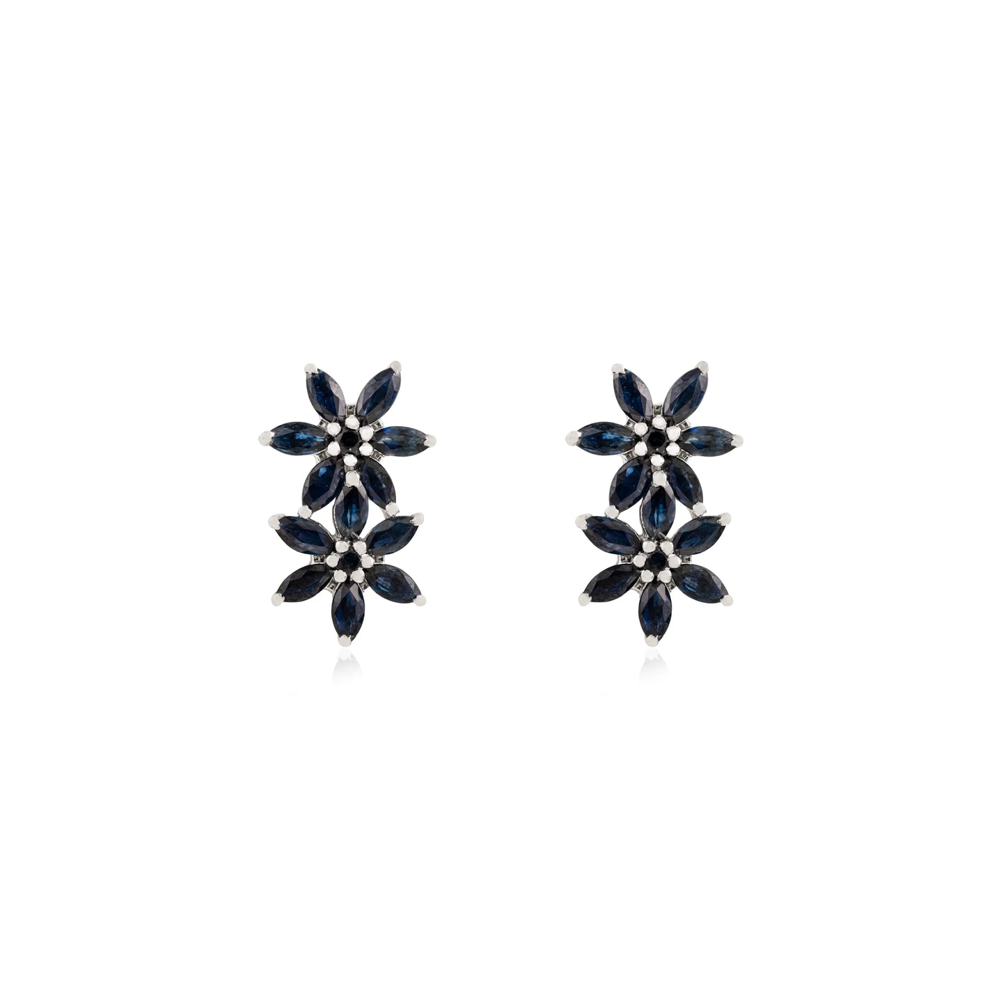 Beautiful S925 Silver Marquise Cut Genuine Blue Sapphire Double Floral Studs Earrings