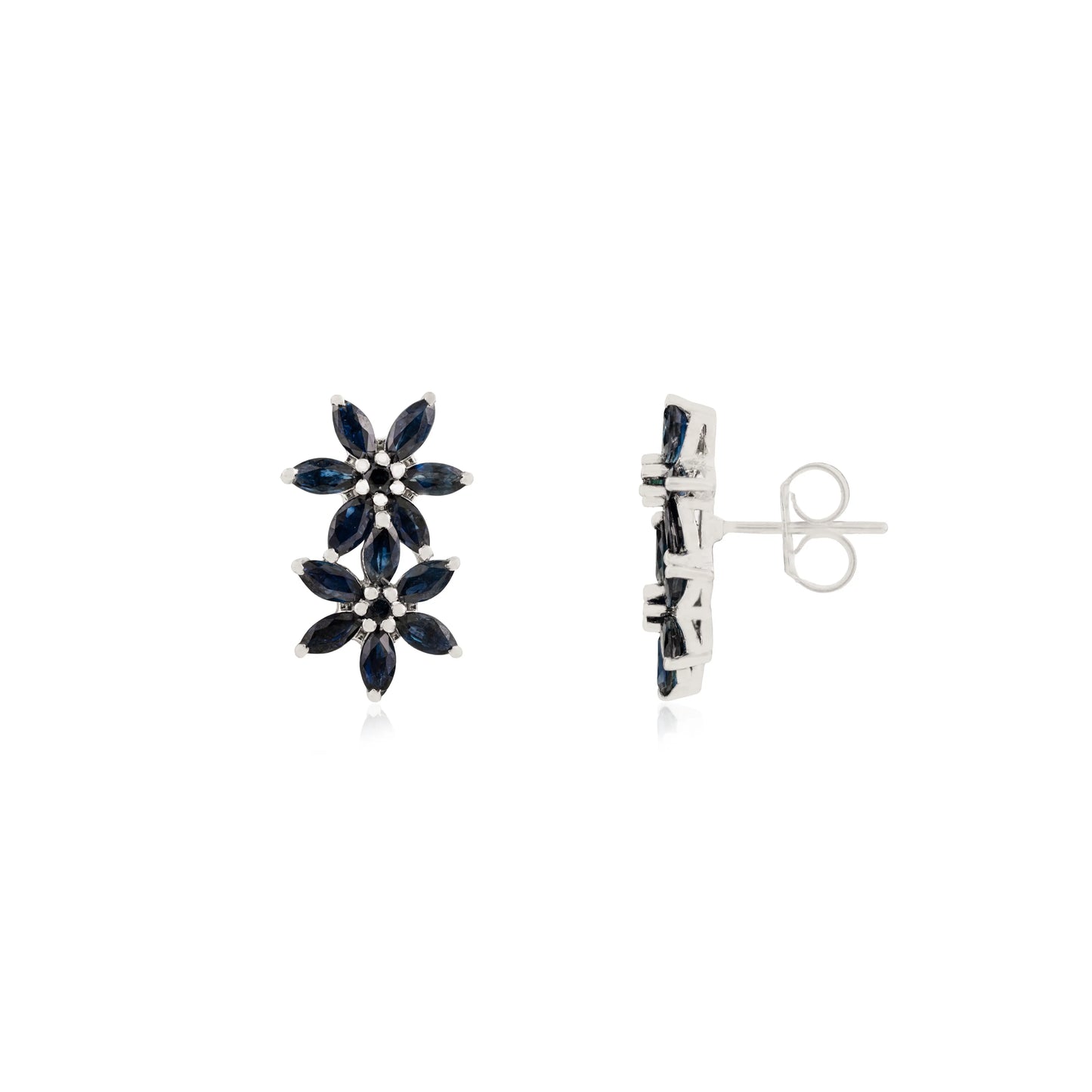 Beautiful S925 Silver Marquise Cut Genuine Blue Sapphire Double Floral Studs Earrings