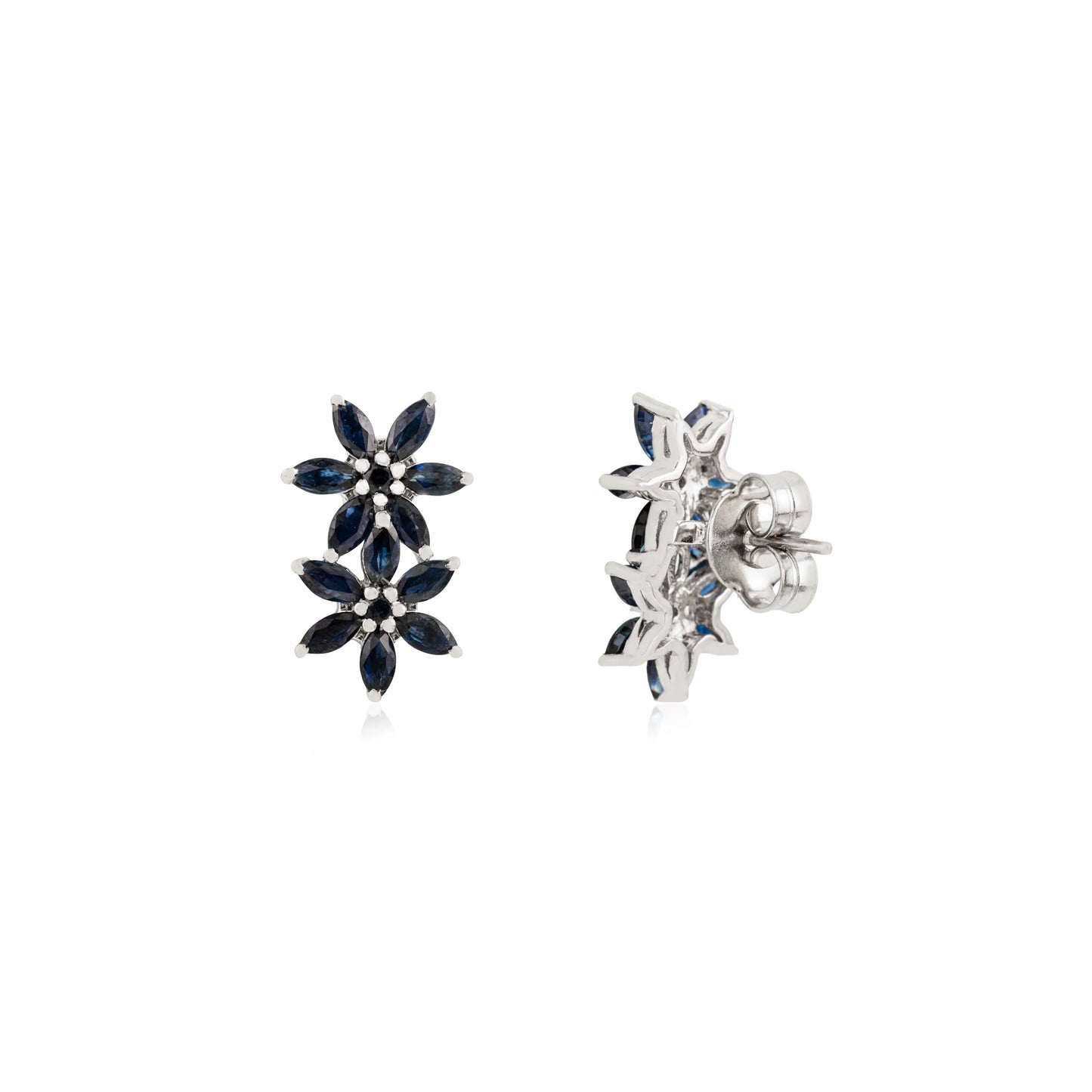 Beautiful S925 Silver Marquise Cut Genuine Blue Sapphire Double Floral Studs Earrings
