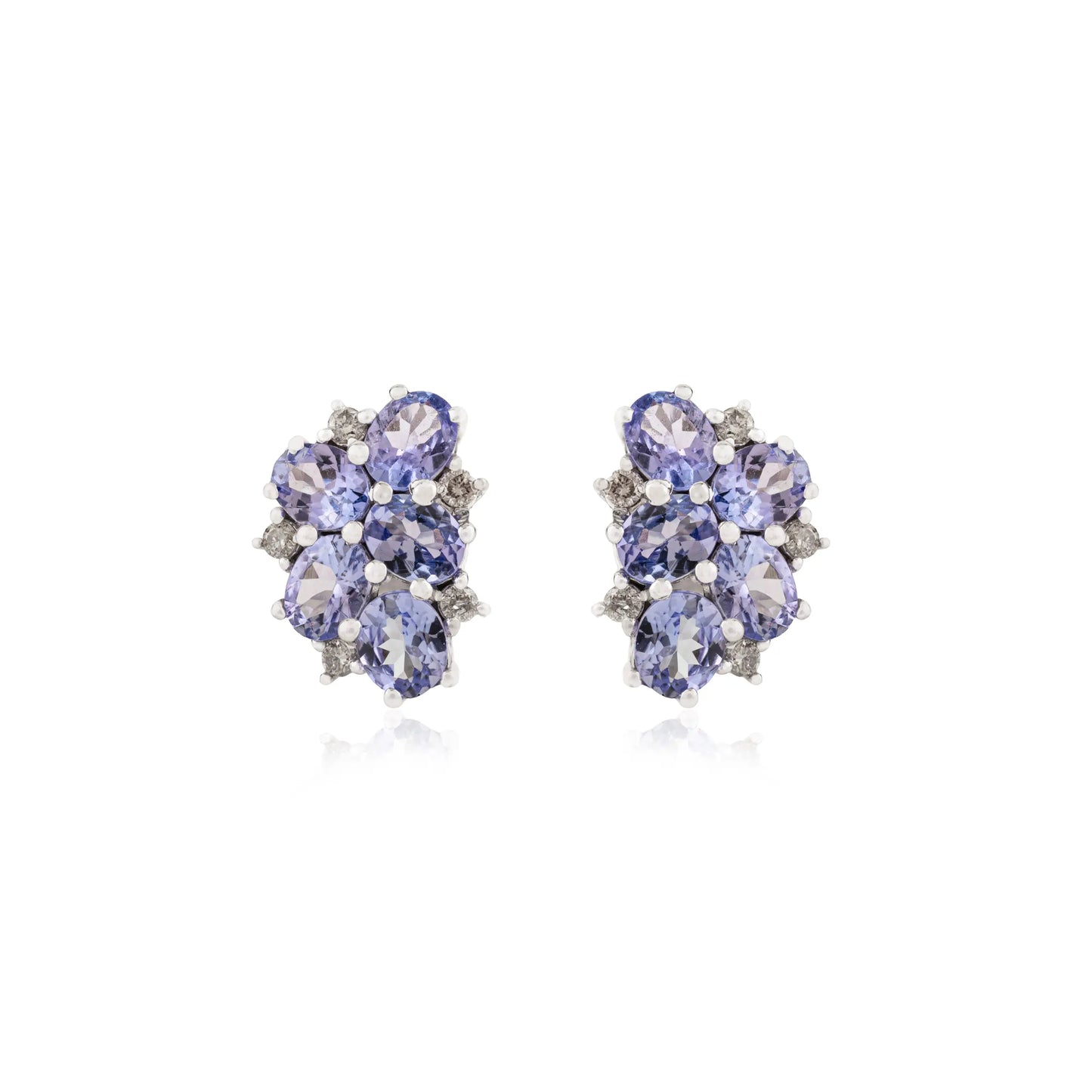 925 Silver Elegant Floral Cluster Natural Tanzanite & Diamond Stud Earrings For Women