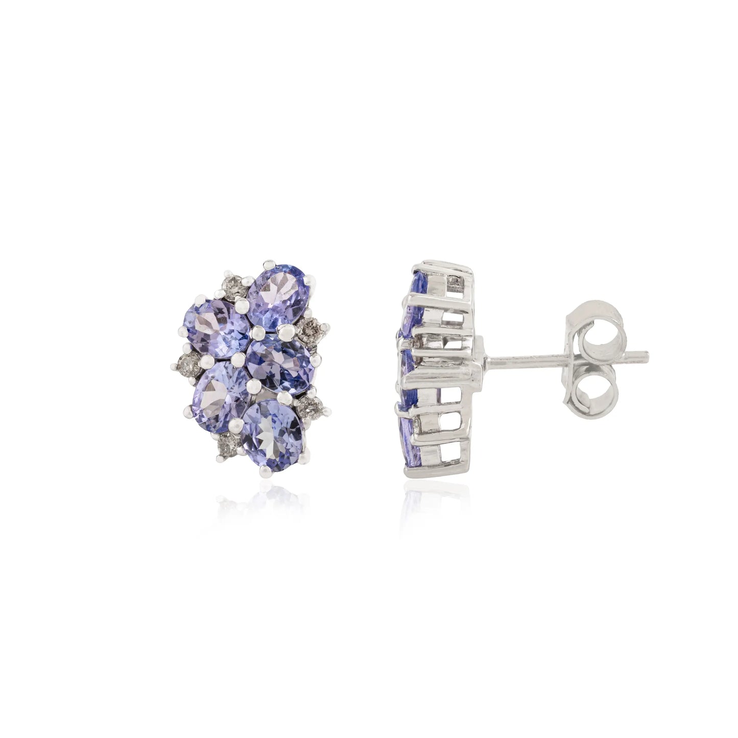 925 Silver Elegant Floral Cluster Natural Tanzanite & Diamond Stud Earrings For Women