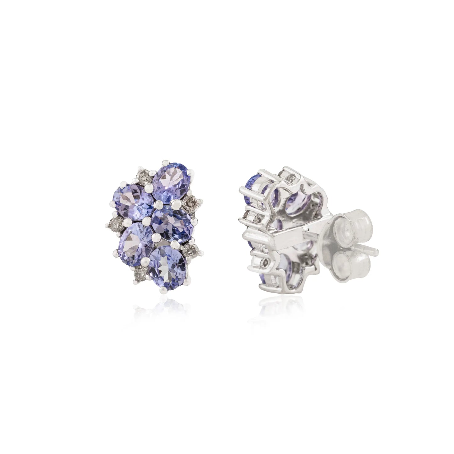 925 Silver Elegant Floral Cluster Natural Tanzanite & Diamond Stud Earrings For Women