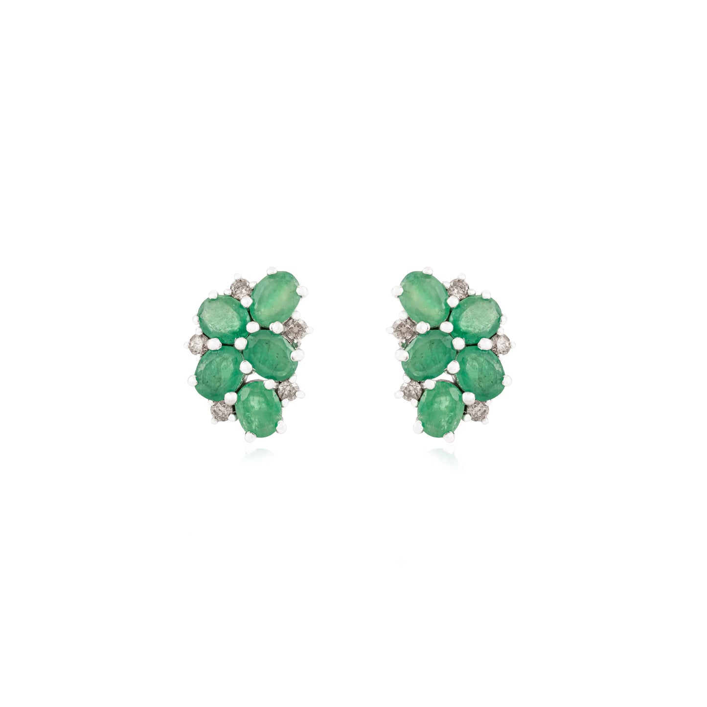 Unique Floral Design Cluster 925 Sterling Silver Natural Emerald & Diamond Stud Earrings For Girls