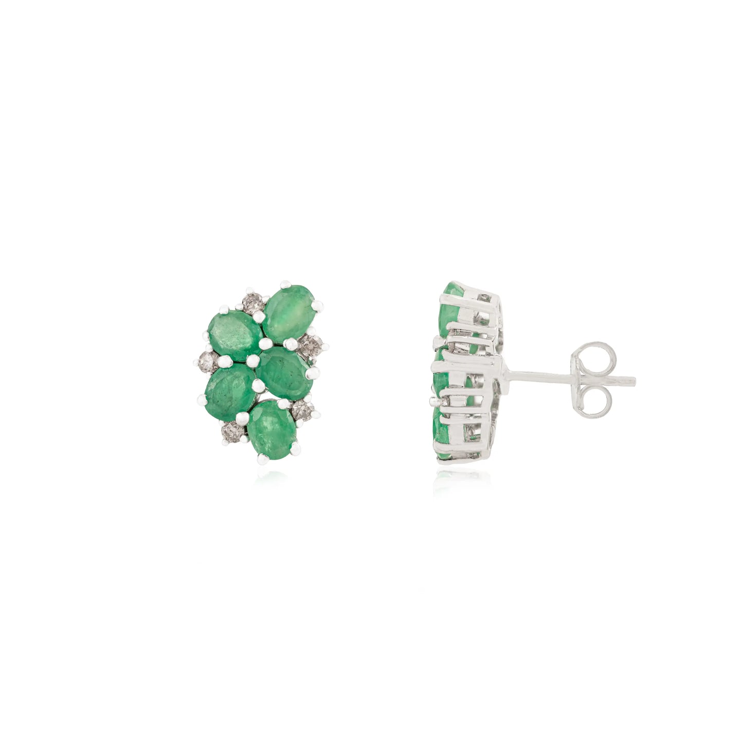 Unique Floral Design Cluster 925 Sterling Silver Natural Emerald & Diamond Stud Earrings For Girls