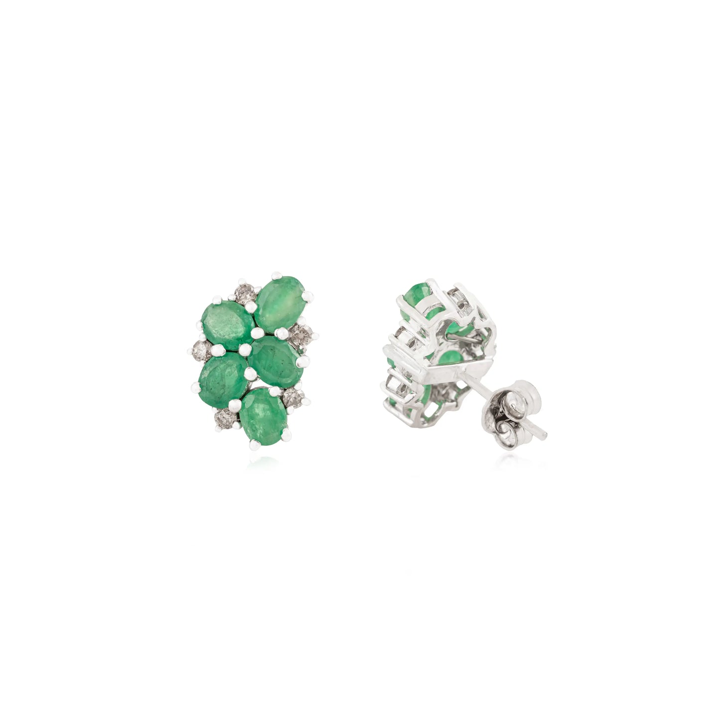 Unique Floral Design Cluster 925 Sterling Silver Natural Emerald & Diamond Stud Earrings For Girls