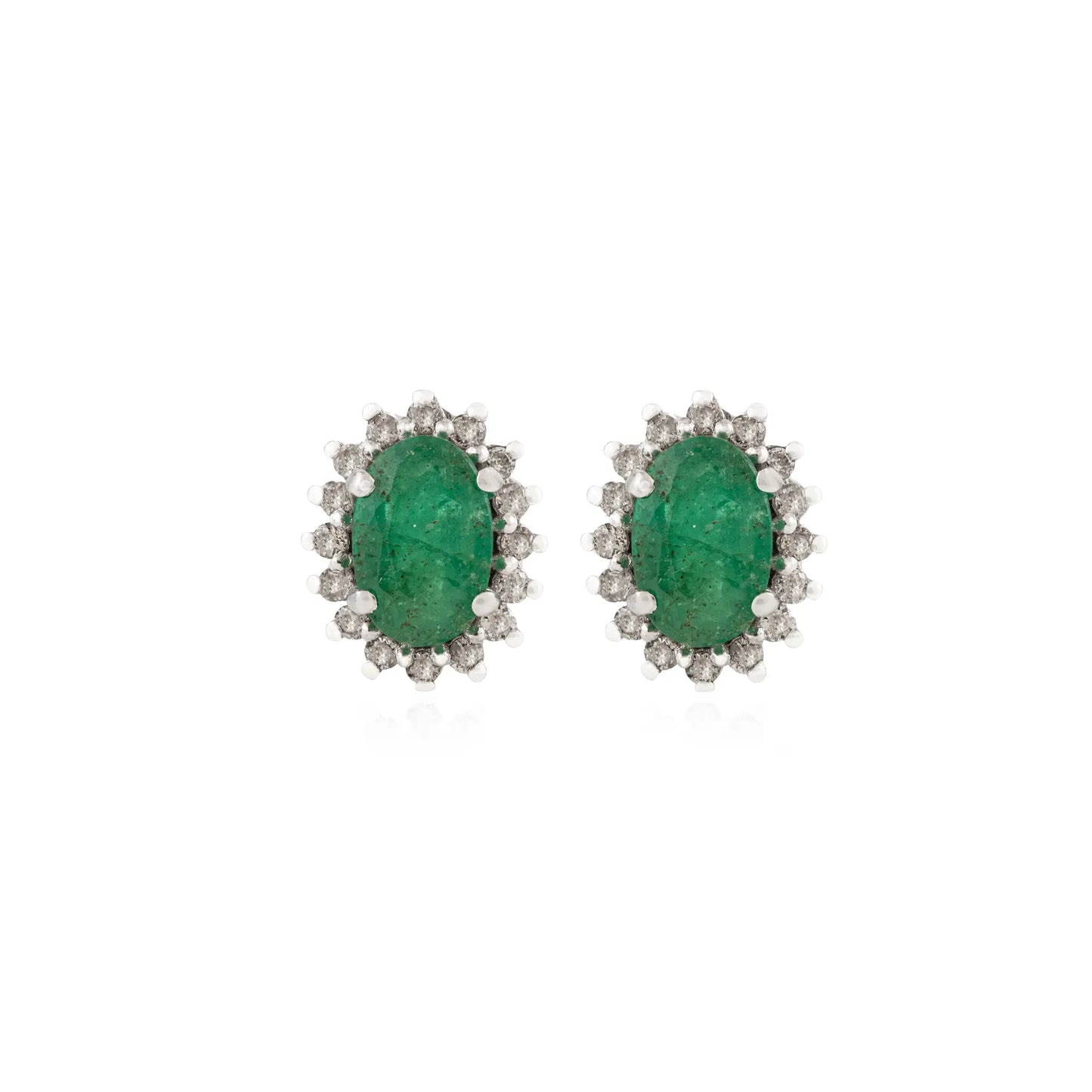 Oval Cut Emerald & Round Diamond Cluster 925 Sterling Silver Stud Earrings For Women's