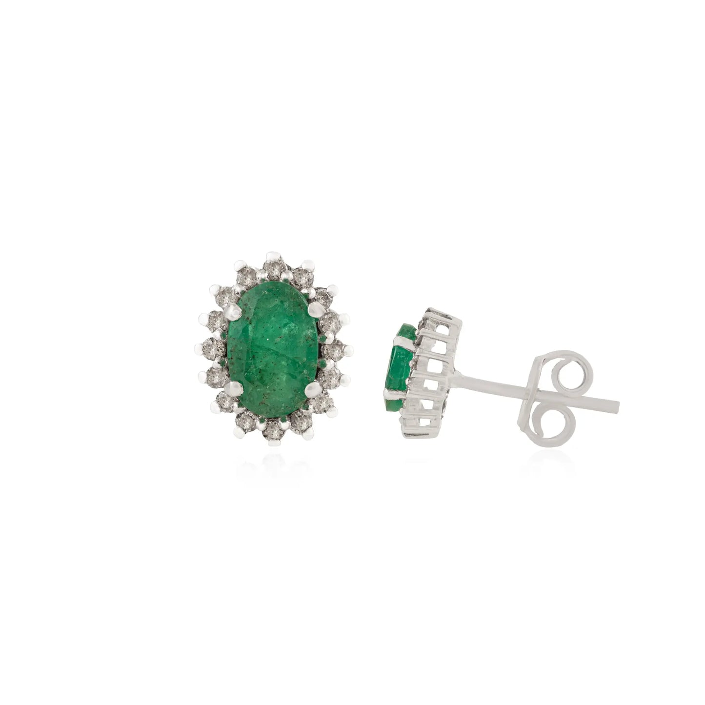 Oval Cut Emerald & Round Diamond Cluster 925 Sterling Silver Stud Earrings For Women's