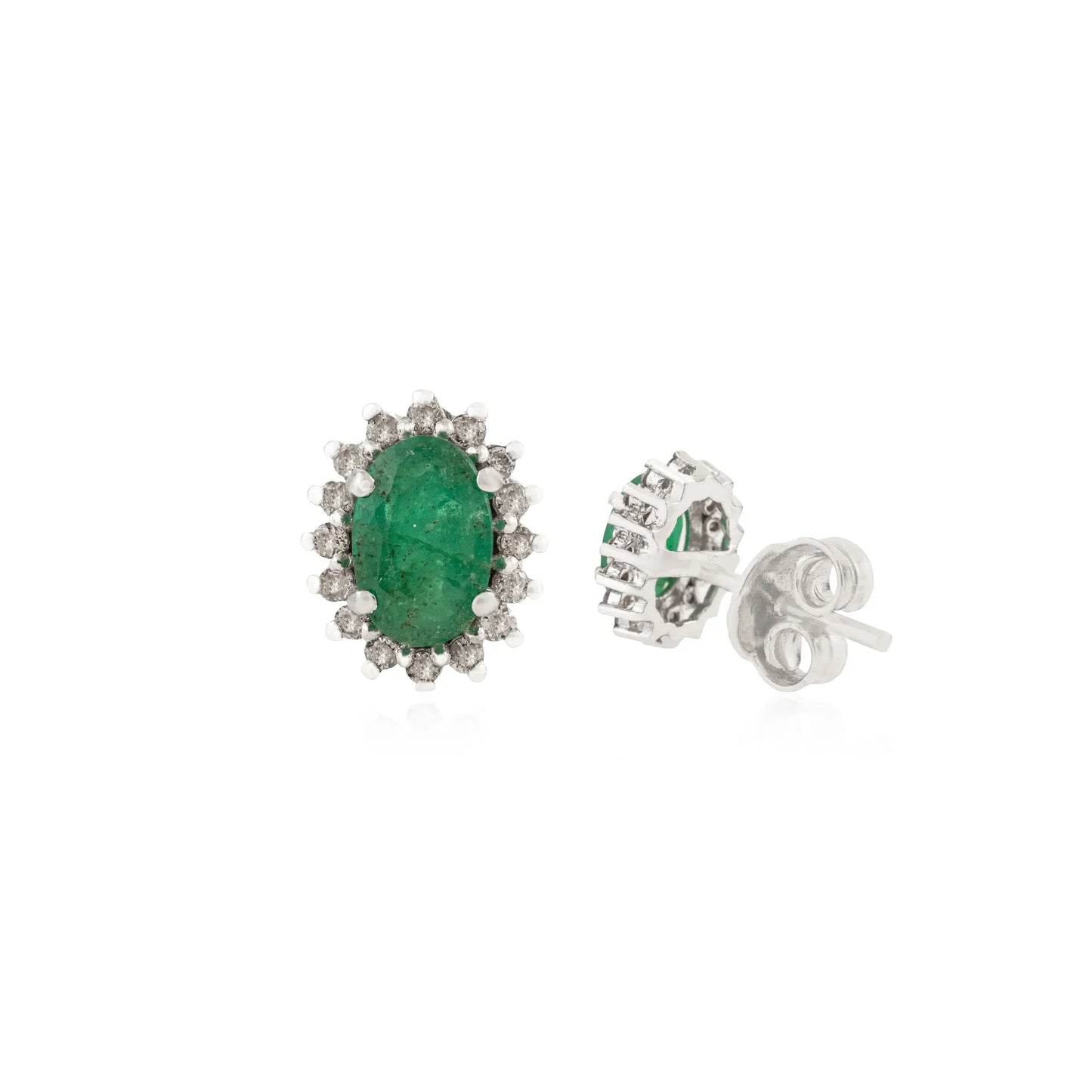 Oval Cut Emerald & Round Diamond Cluster 925 Sterling Silver Stud Earrings For Women's
