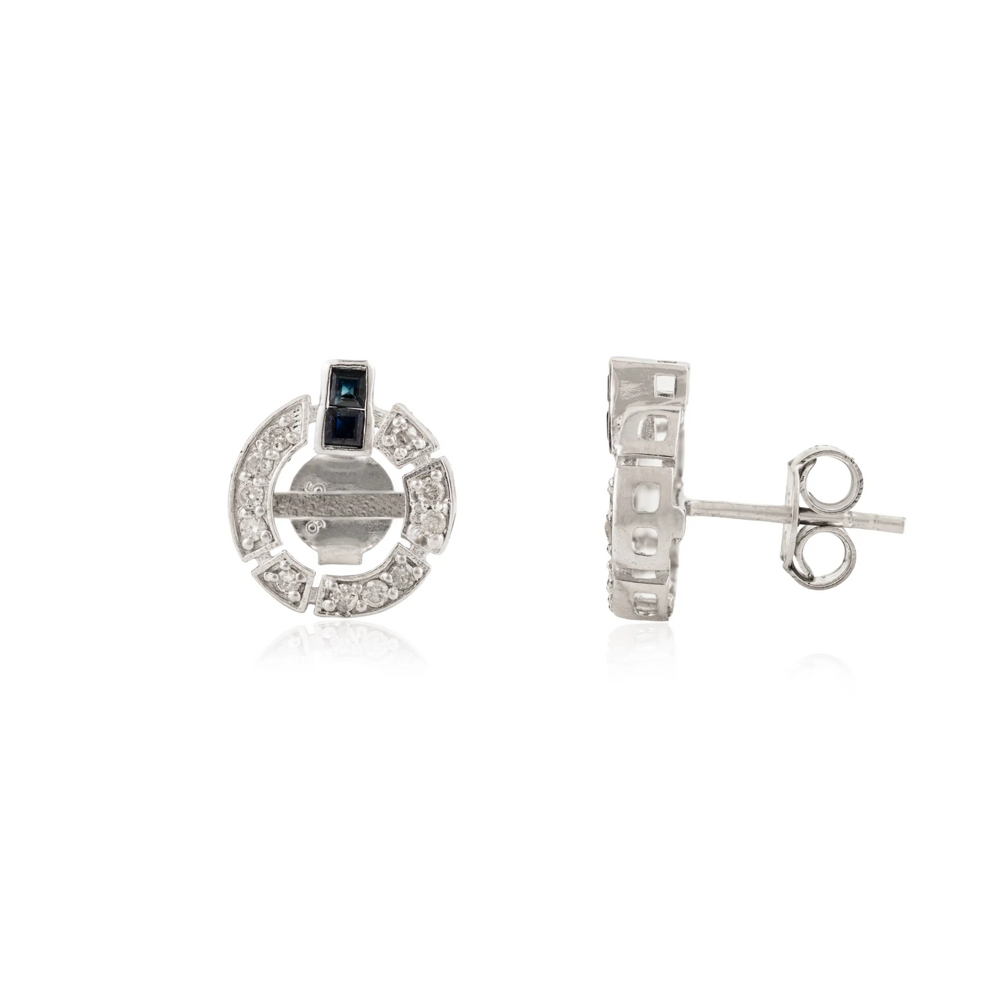 100% Authentic Blue Sapphire & Diamond Circular Shape 925 Silver Studs Earrings