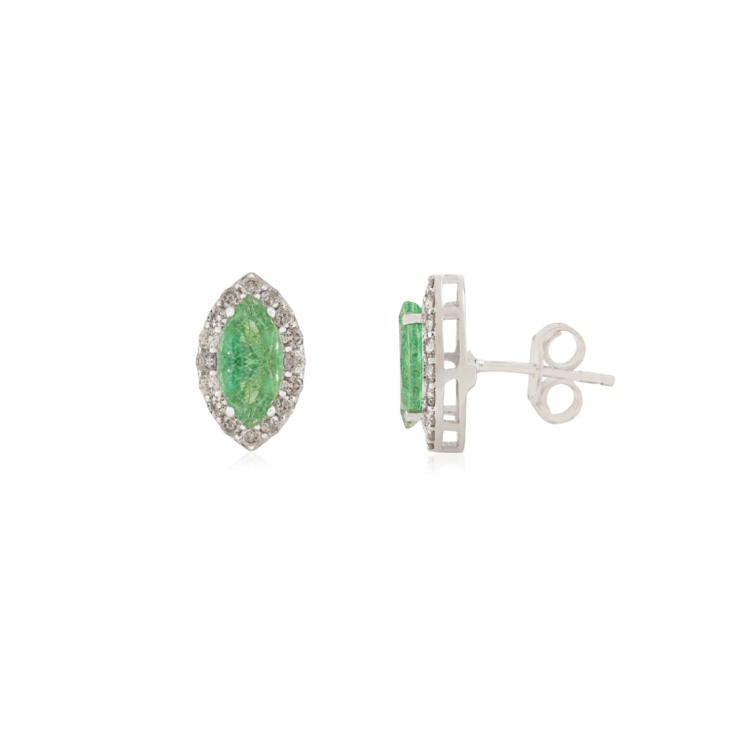 Trending Marquise Cut Emerald & Round Diamond Halo 925 Silver Stud Earrings For Women Party Wear Jewelry
