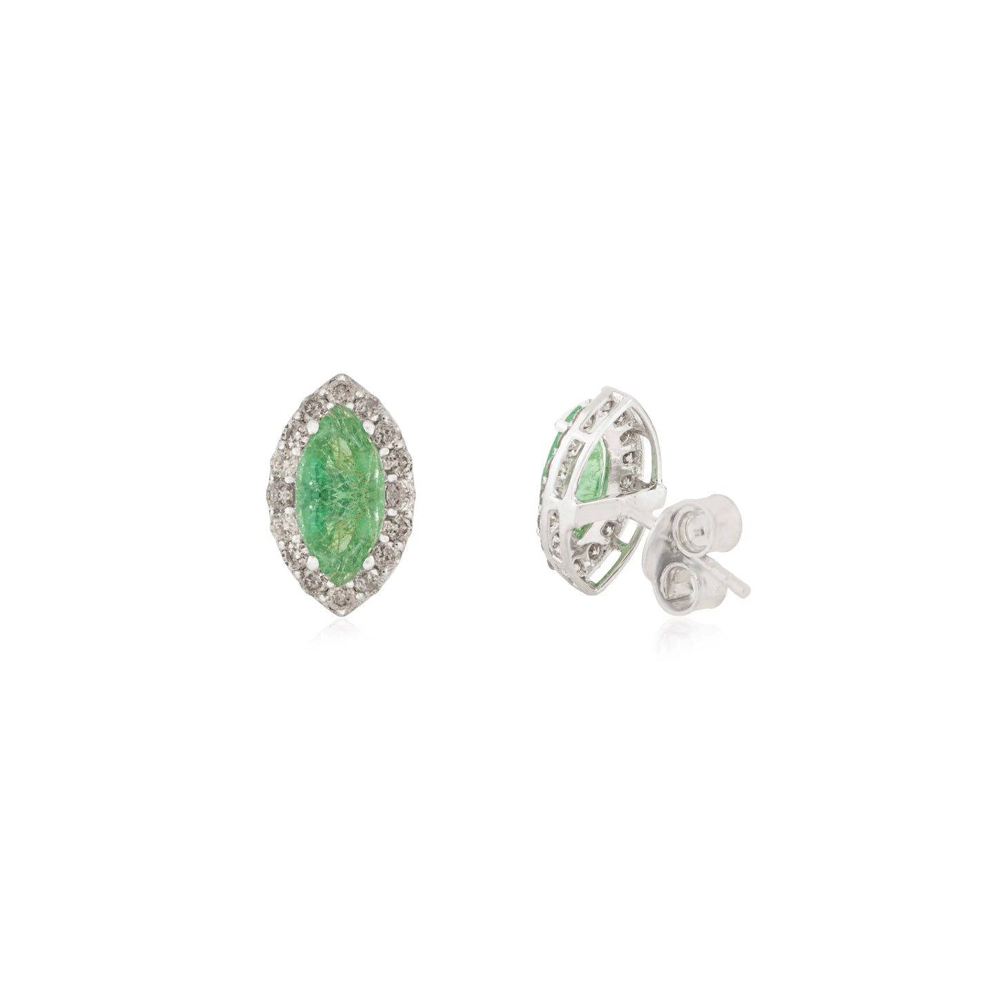 Trending Marquise Cut Emerald & Round Diamond Halo 925 Silver Stud Earrings For Women Party Wear Jewelry