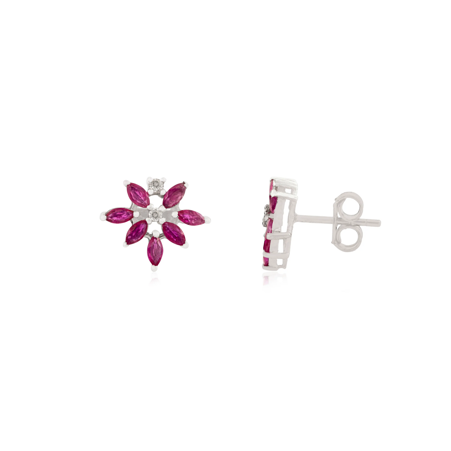 Genuine Ruby & Diamond Floral Motif 925 Sterling Silver Studs Earring Fine Jewelry Accessories For Women