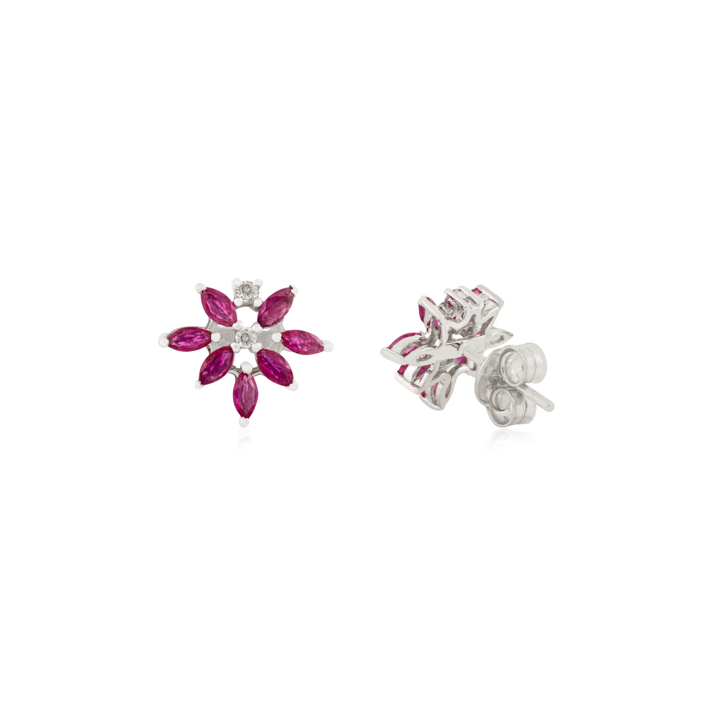 Genuine Ruby & Diamond Floral Motif 925 Sterling Silver Studs Earring Fine Jewelry Accessories For Women