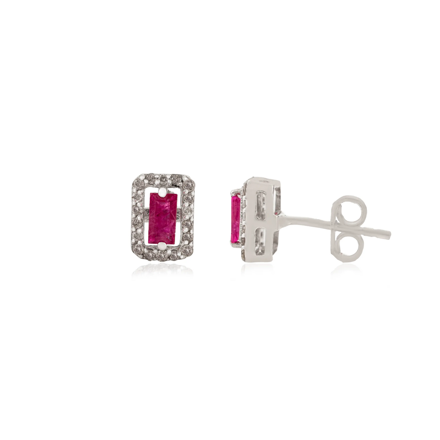 Natural Octagon Ruby & Diamond Cluster 925 Solid Silver Earrings Fine Jewelry For Women