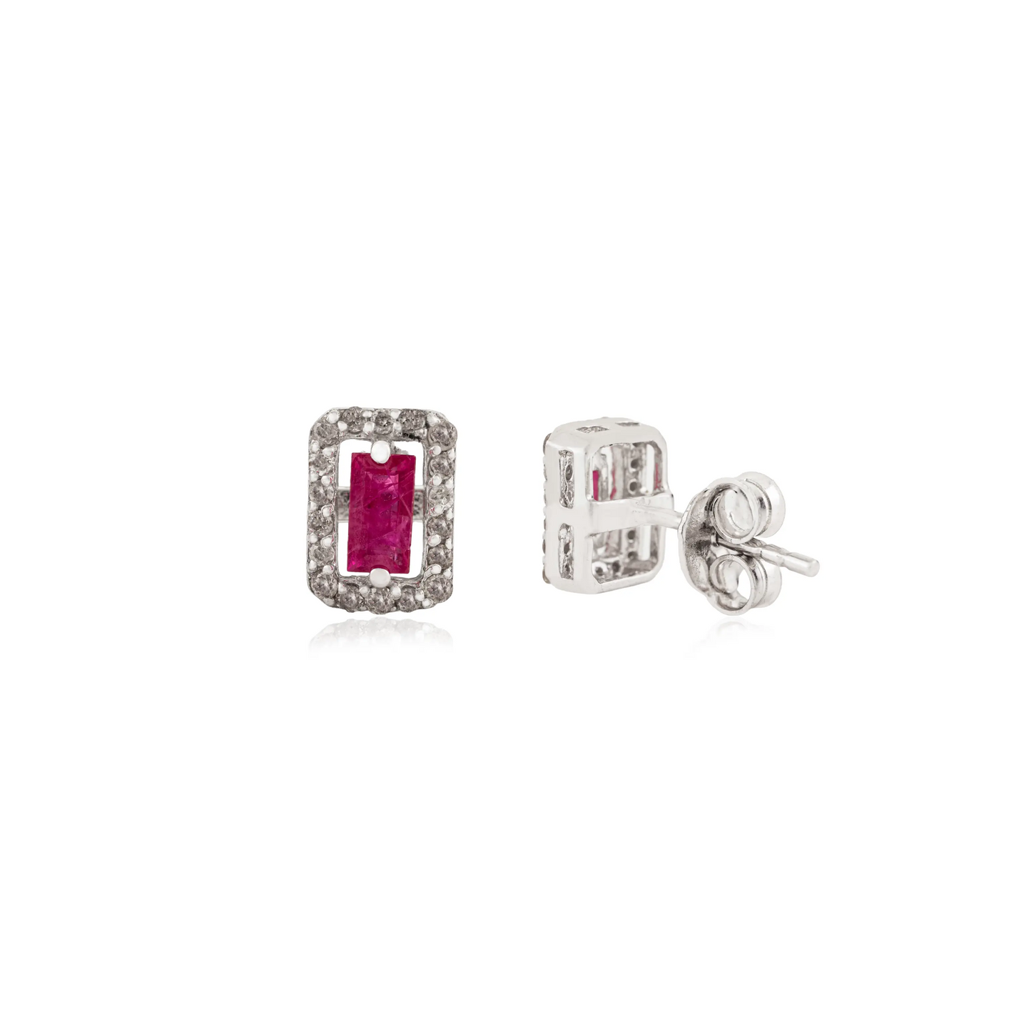 Natural Octagon Ruby & Diamond Cluster 925 Solid Silver Earrings Fine Jewelry For Women