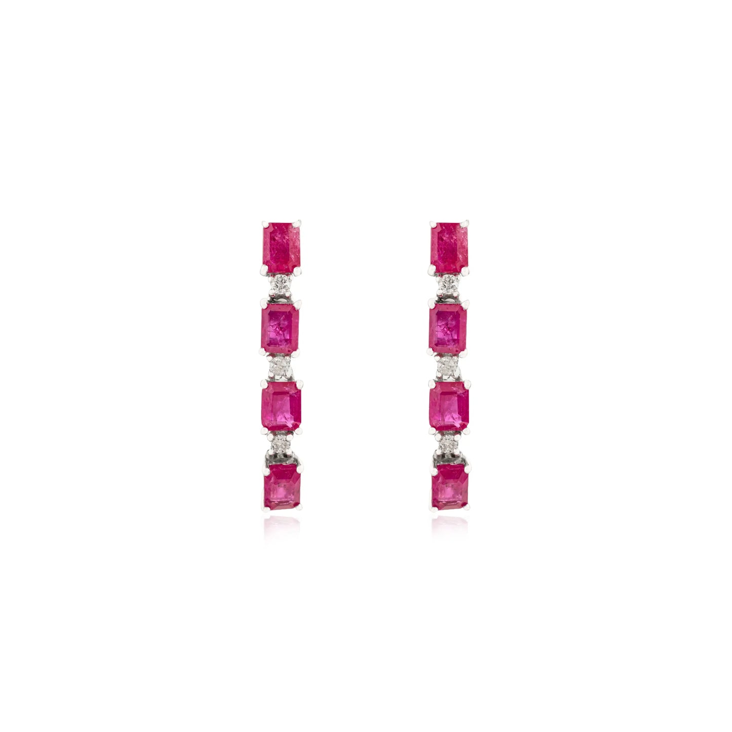Baguette Cut Natural Ruby & Round Diamond Long Dangle 925 Sterling Silver Earring For Women