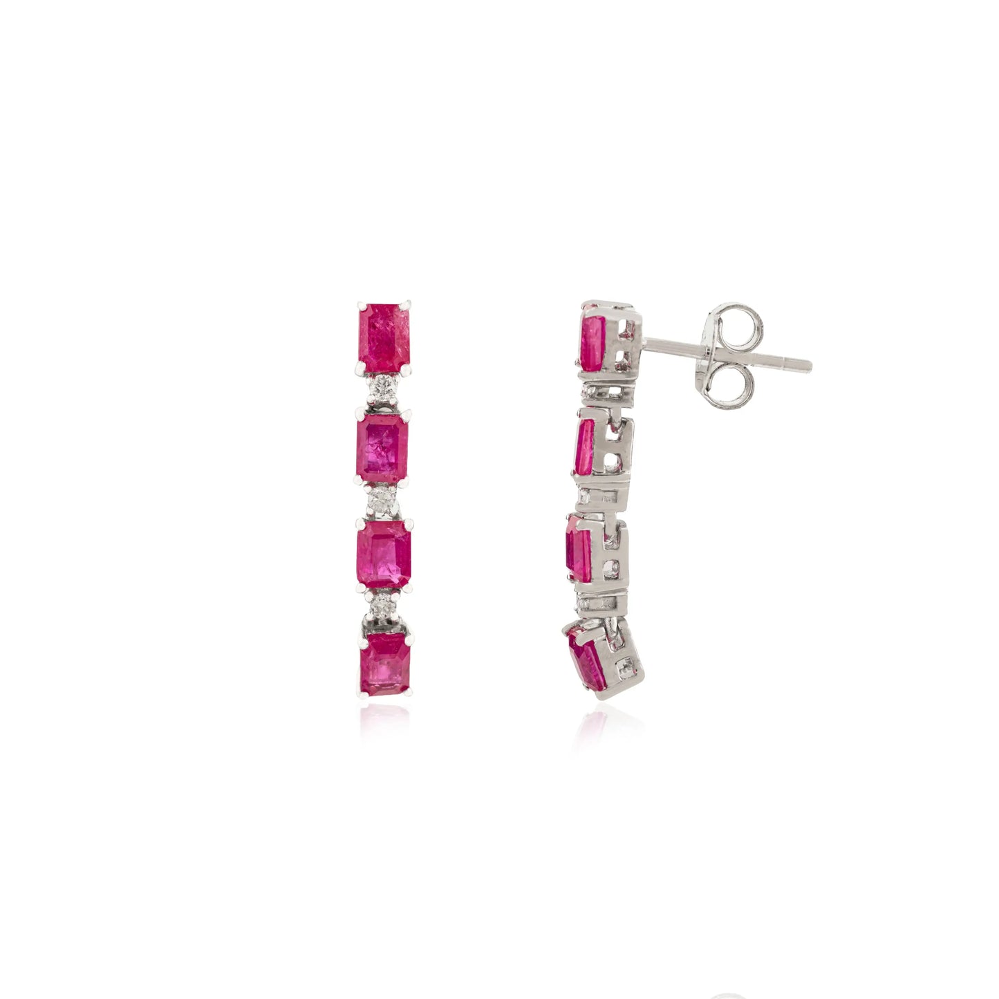 Baguette Cut Natural Ruby & Round Diamond Long Dangle 925 Sterling Silver Earring For Women