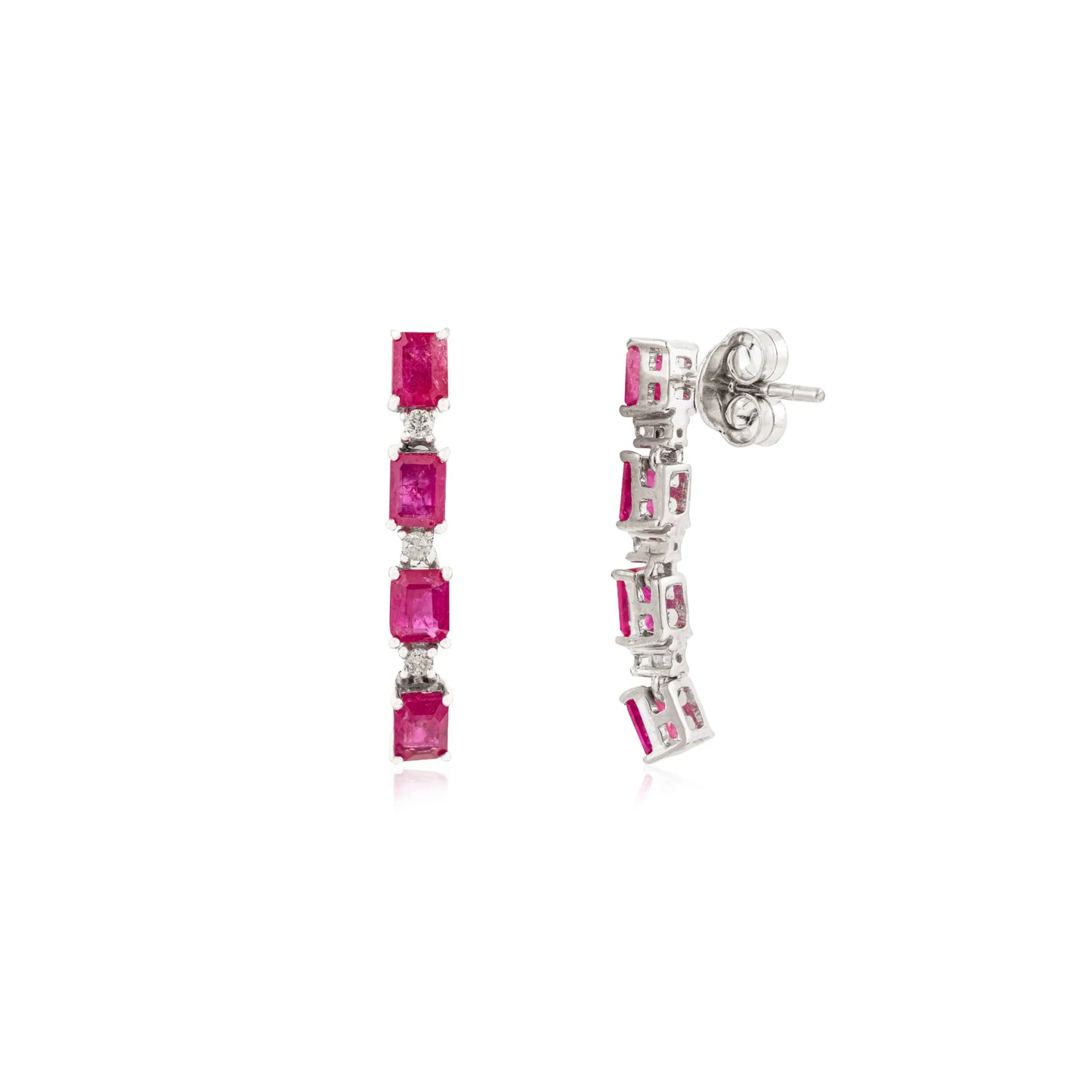 Baguette Cut Natural Ruby & Round Diamond Long Dangle 925 Sterling Silver Earring For Women