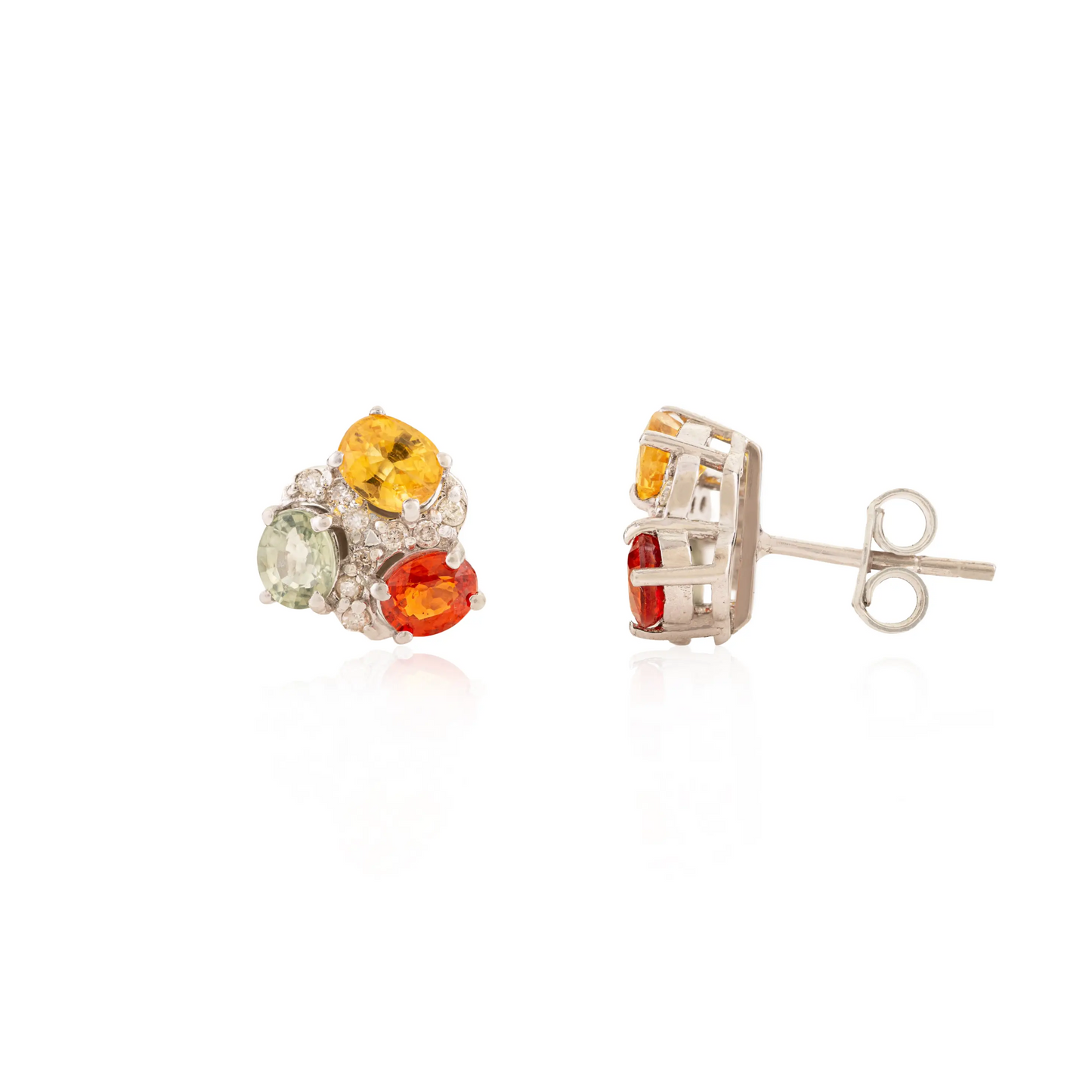 Oval Cut 100% Genuine Multi Sapphire Three Stone 925 Silver Stud Earrings For Women's