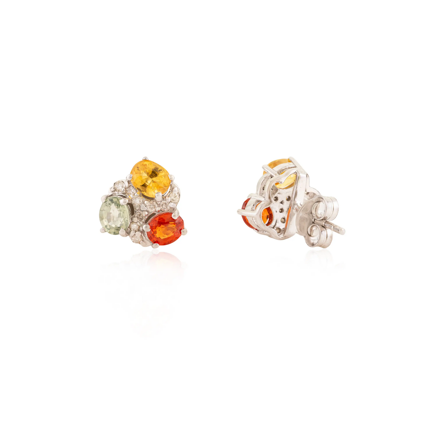 Oval Cut 100% Genuine Multi Sapphire Three Stone 925 Silver Stud Earrings For Women's