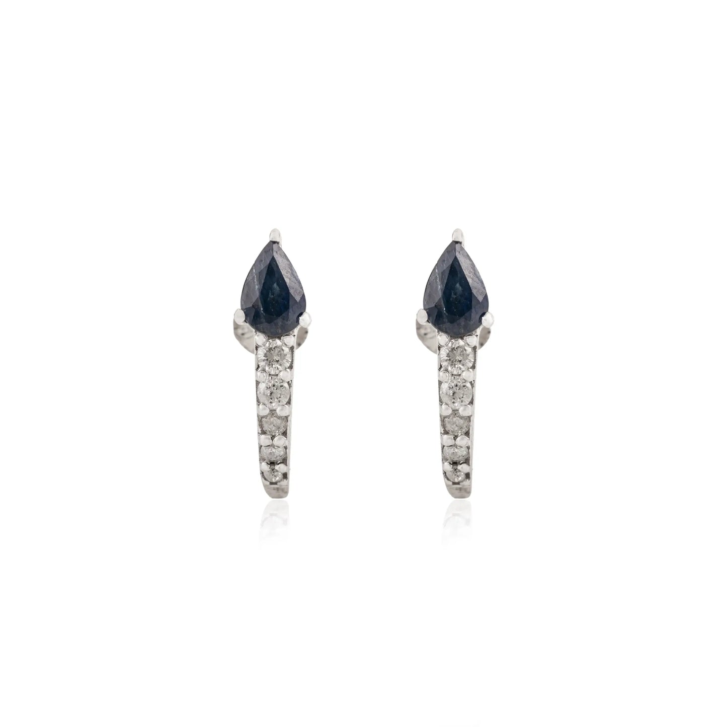 Pear Cut Natural Blue Sapphire & Diamond Half Hoops 925 Silver Studs Earrings