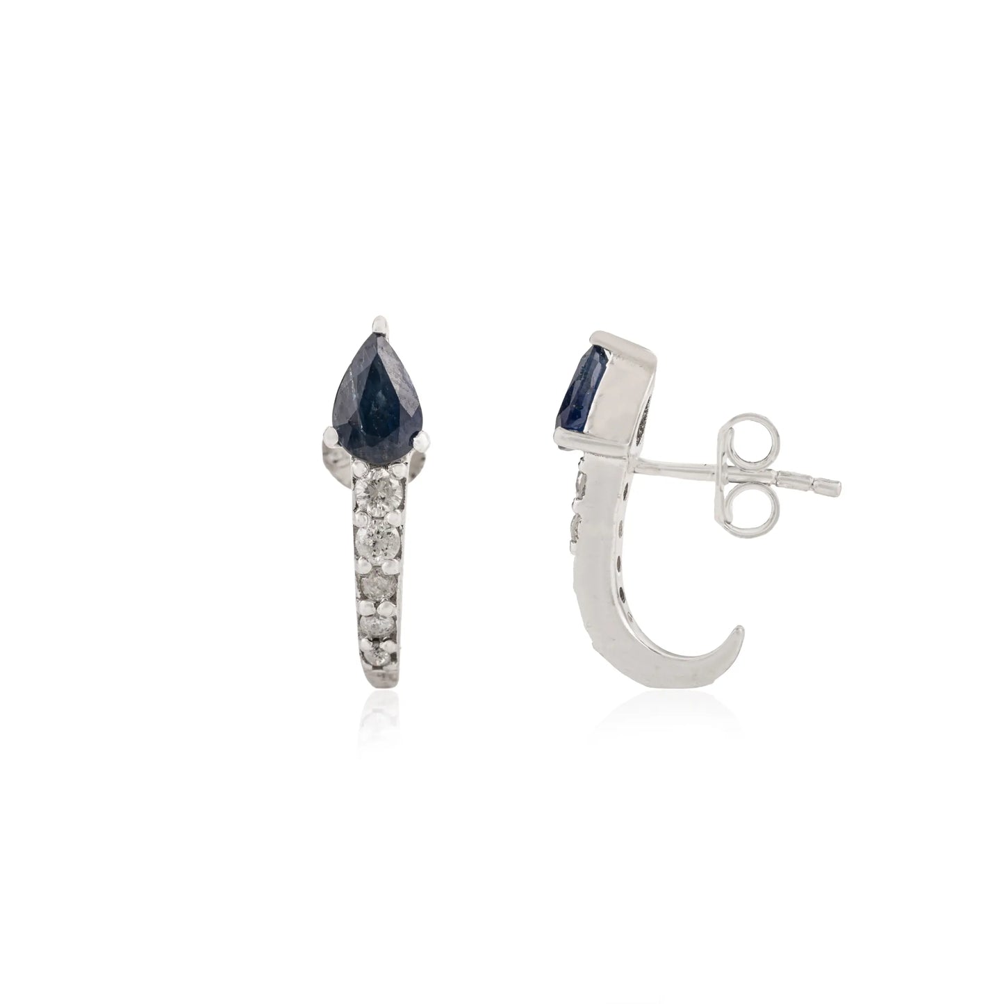 Pear Cut Natural Blue Sapphire & Diamond Half Hoops 925 Silver Studs Earrings