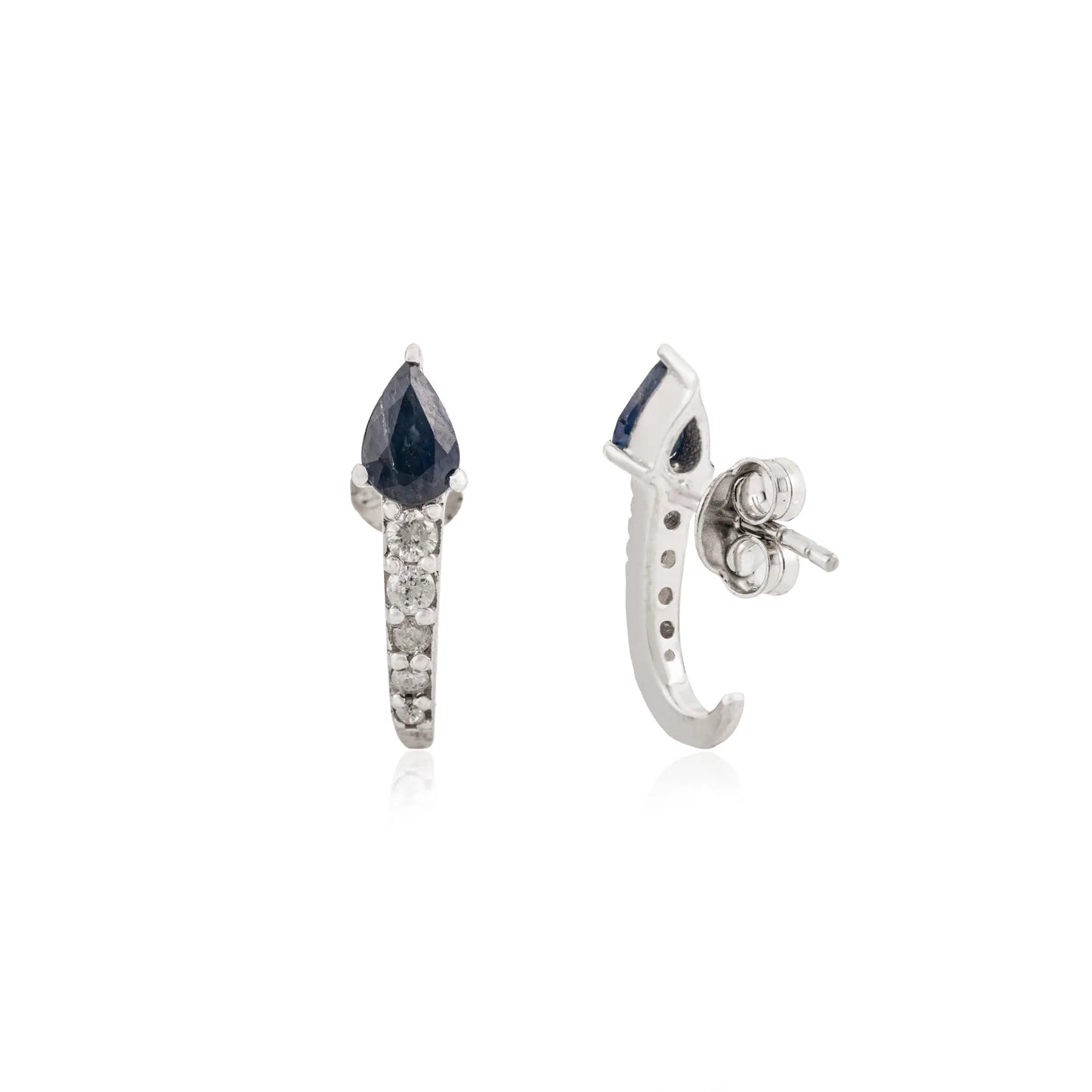 Pear Cut Natural Blue Sapphire & Diamond Half Hoops 925 Silver Studs Earrings