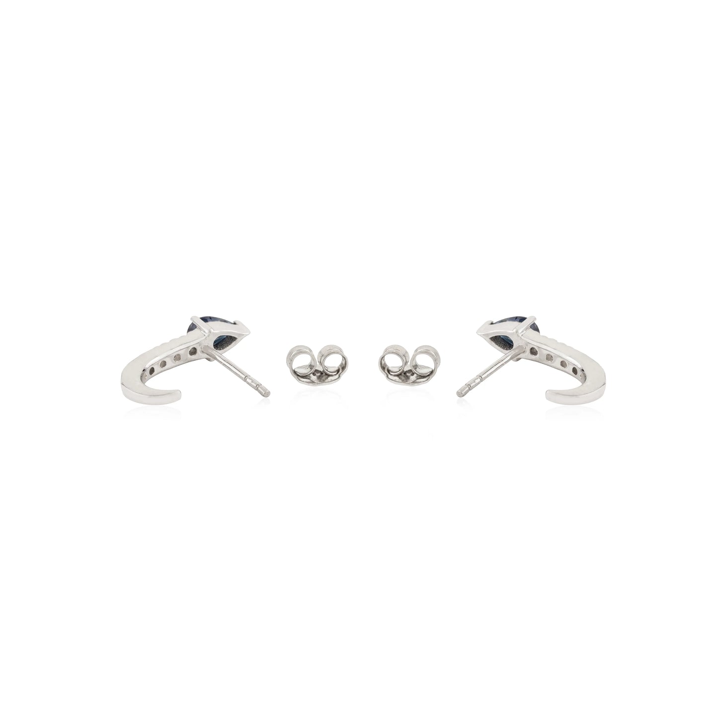 Pear Cut Natural Blue Sapphire & Diamond Half Hoops 925 Silver Studs Earrings