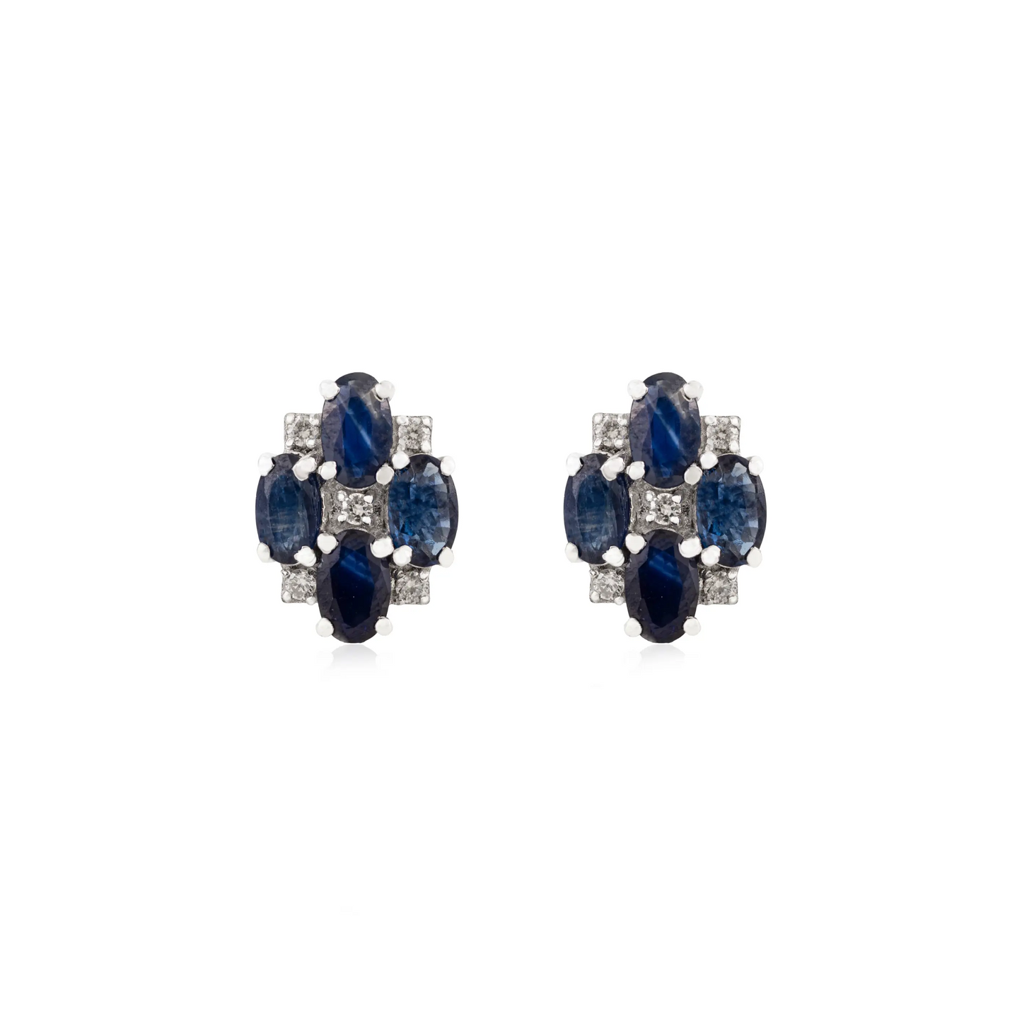 Minimal 925 Sterling Silver 100% Authentic Blue Sapphire & Diamond Stud Earrings