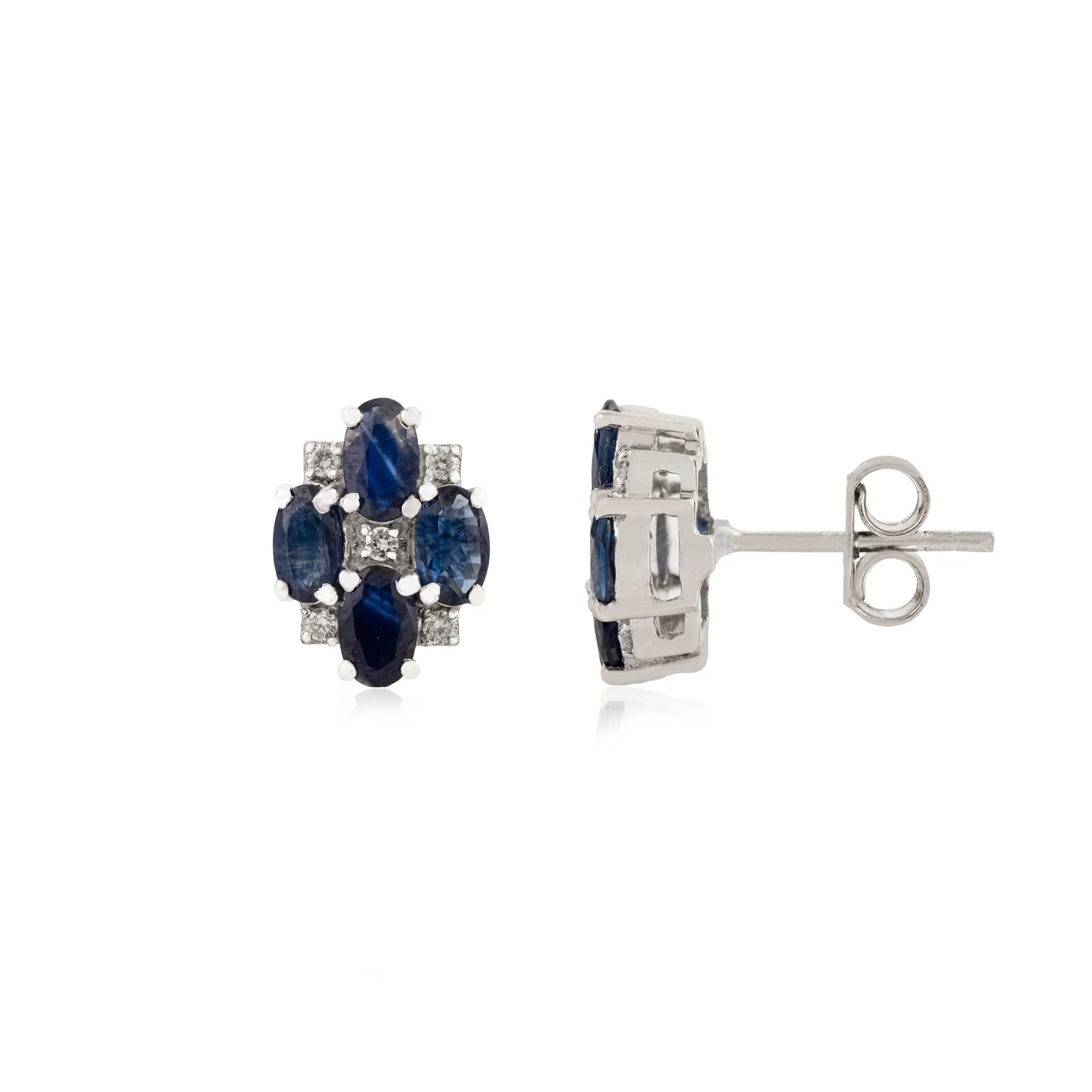 Minimal 925 Sterling Silver 100% Authentic Blue Sapphire & Diamond Stud Earrings