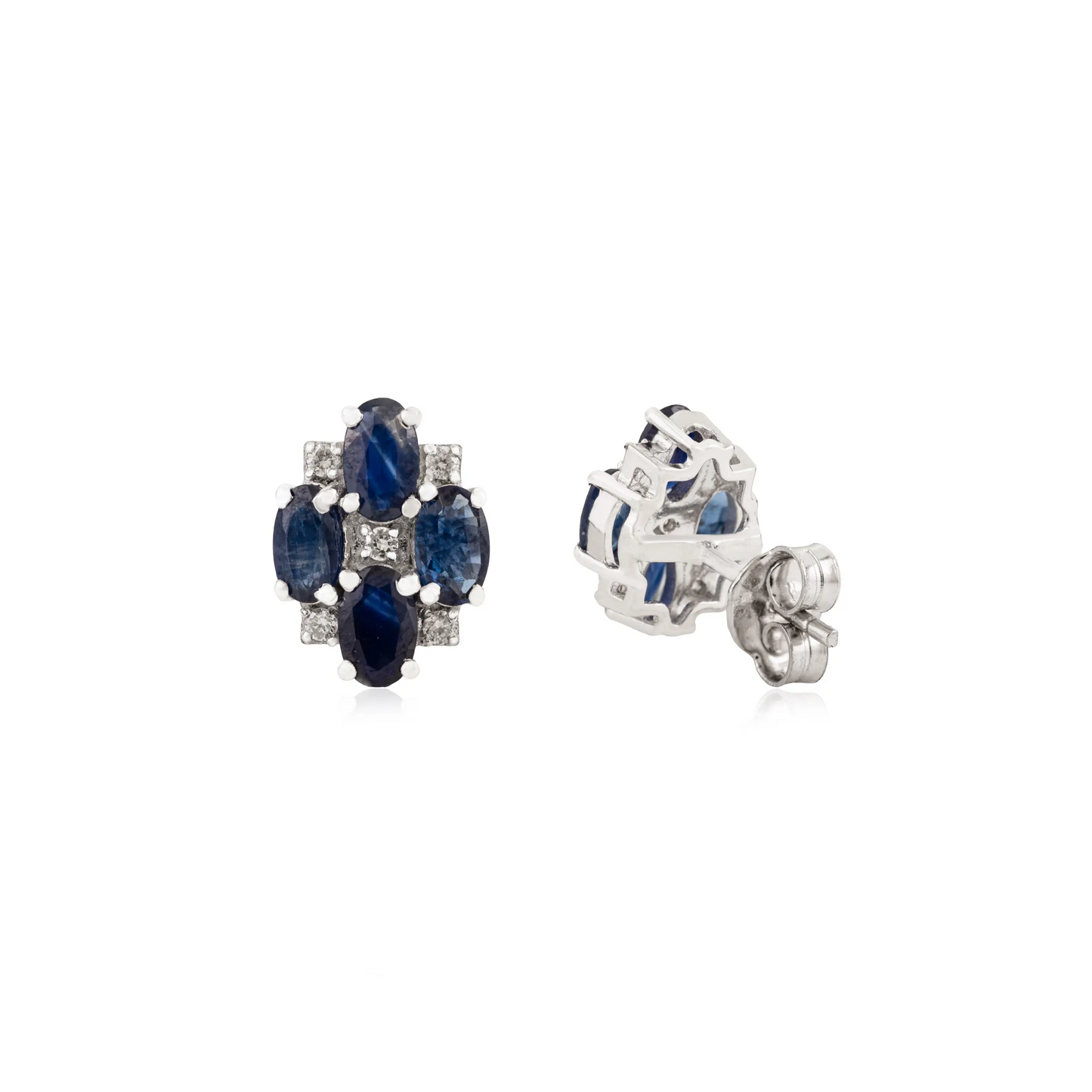 Minimal 925 Sterling Silver 100% Authentic Blue Sapphire & Diamond Stud Earrings