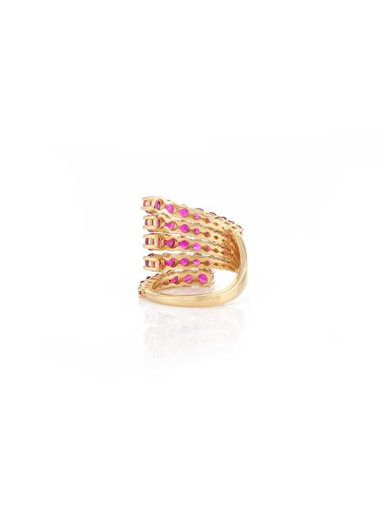 Real Gemstone 18K Solid Yellow Gold Designer Multi Wrap Ruby Cocktail Ring