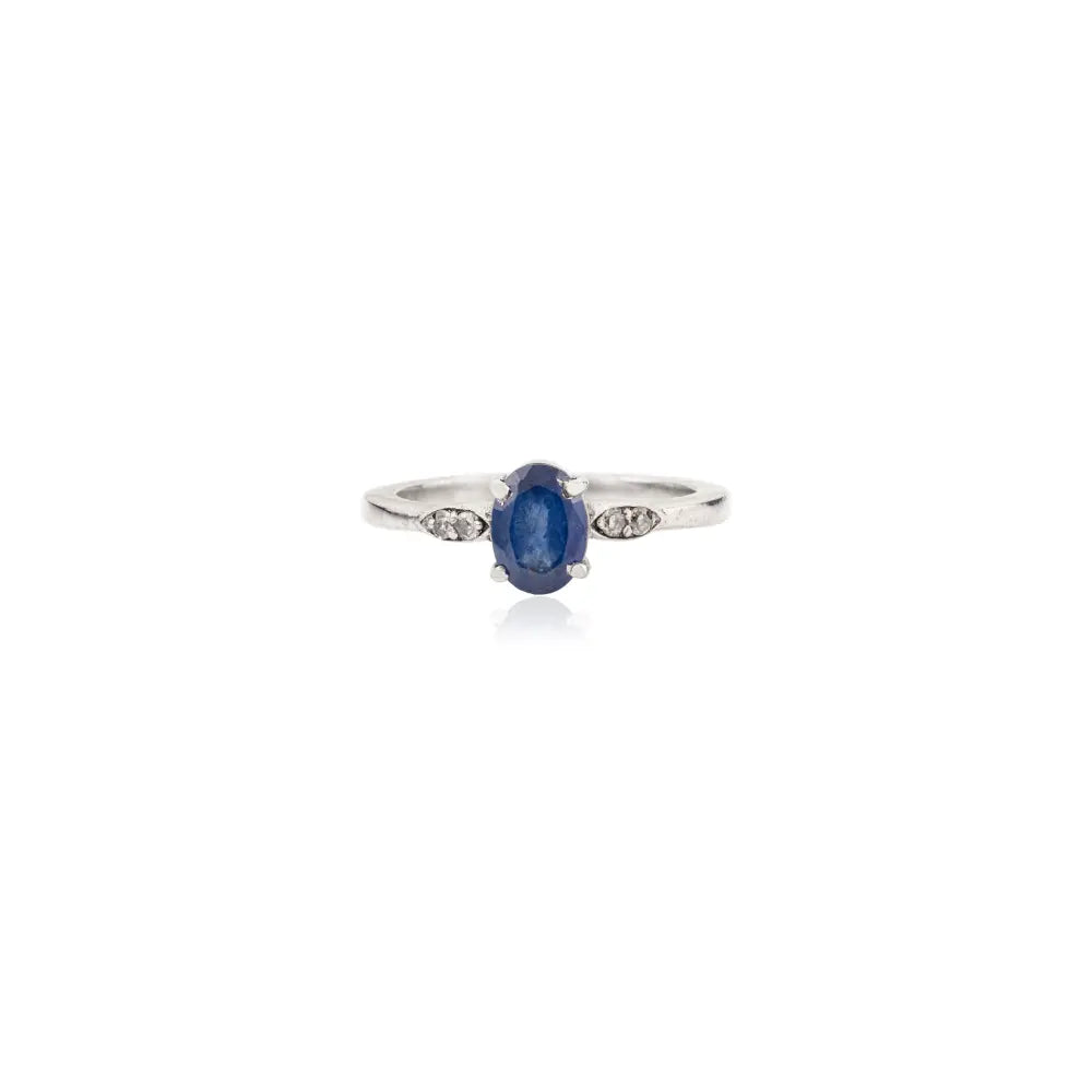 Prong Set 925 Silver Authentic Single Stone Blue Sapphire & Round Cut Diamond Ring