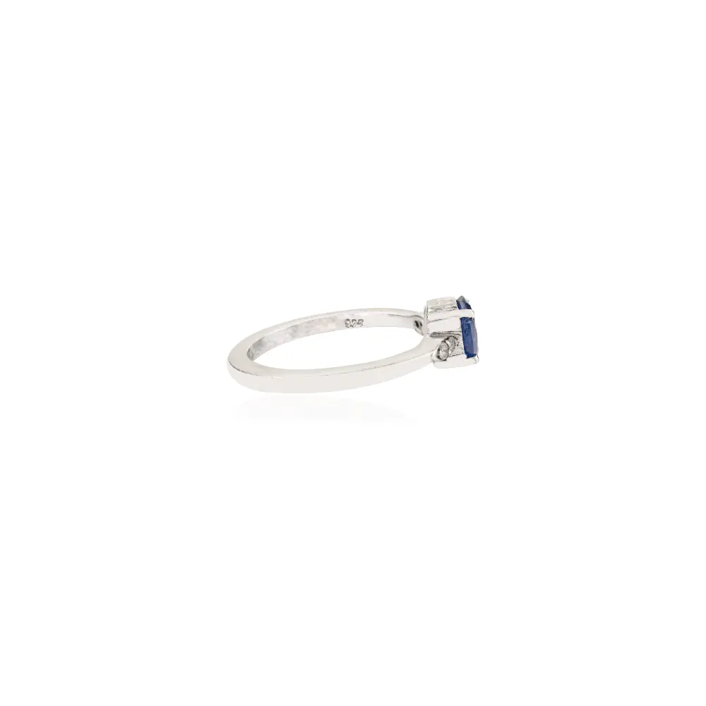 Prong Set 925 Silver Authentic Single Stone Blue Sapphire & Round Cut Diamond Ring