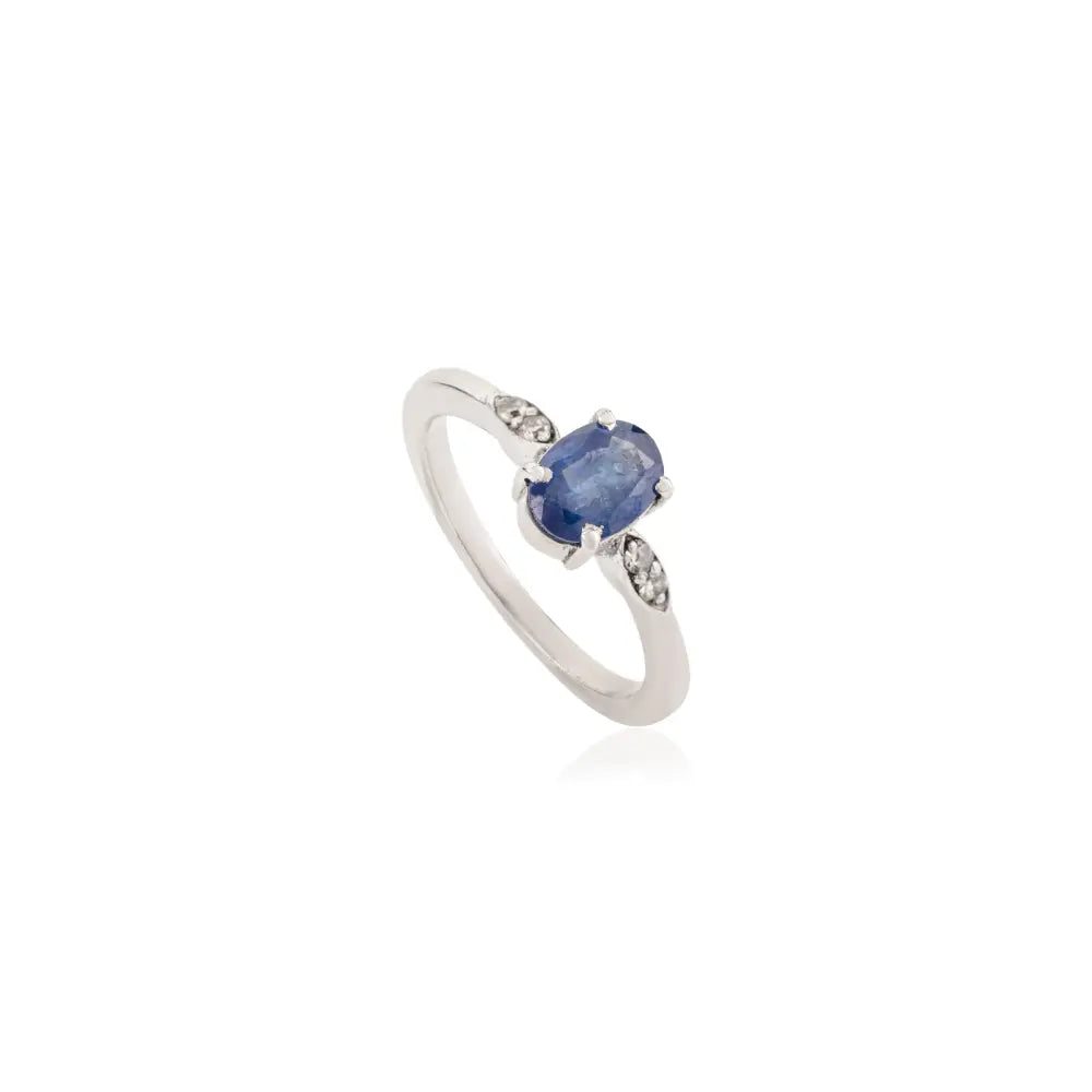 Prong Set 925 Silver Authentic Single Stone Blue Sapphire & Round Cut Diamond Ring