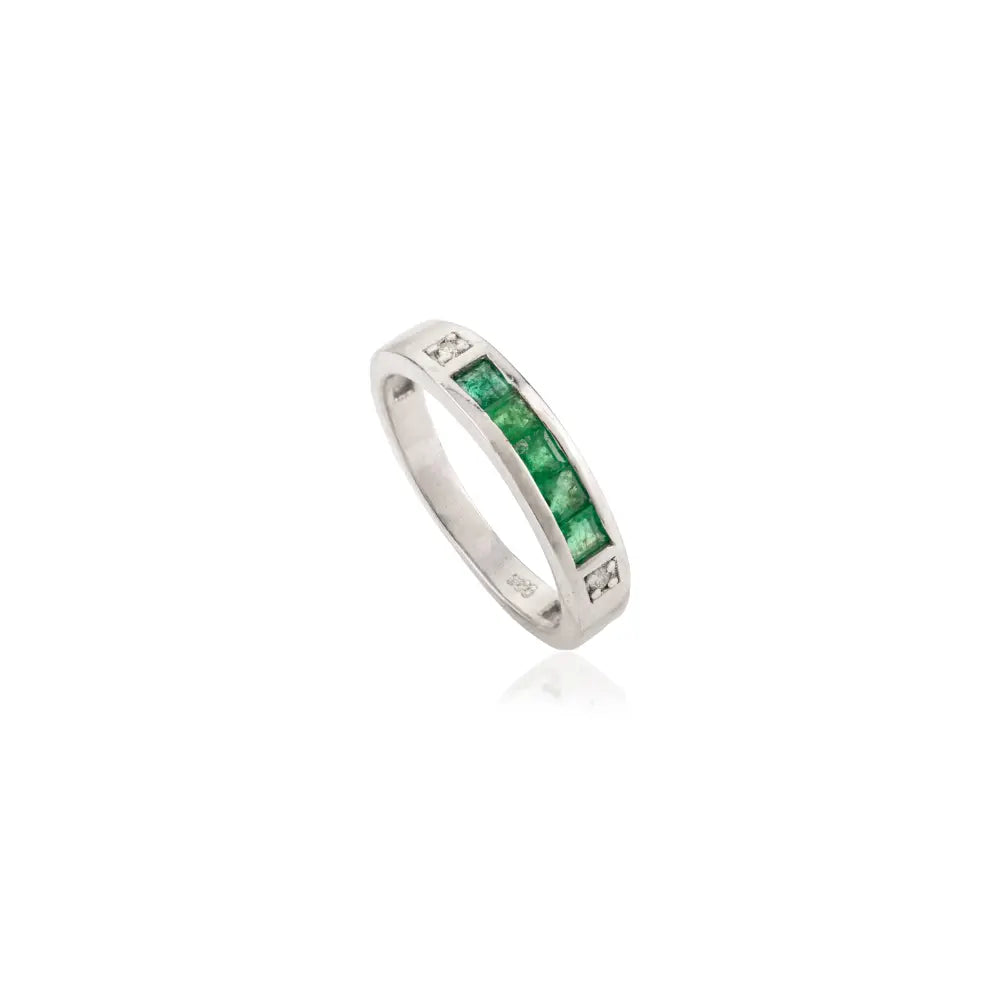 Best Selling Princess Cut Natural Emerald & Diamond Stacking Half Eternity Band Ring 925 Silver