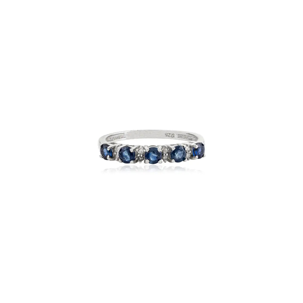 925 Sterling Silver Round Brilliant Cut Blue Sapphire & Diamond Half Eternity Band Ring