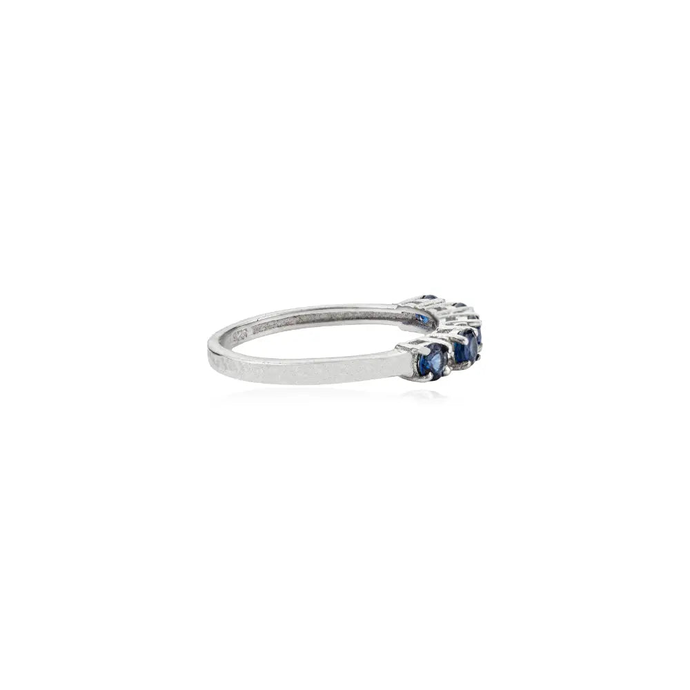 925 Sterling Silver Round Brilliant Cut Blue Sapphire & Diamond Half Eternity Band Ring