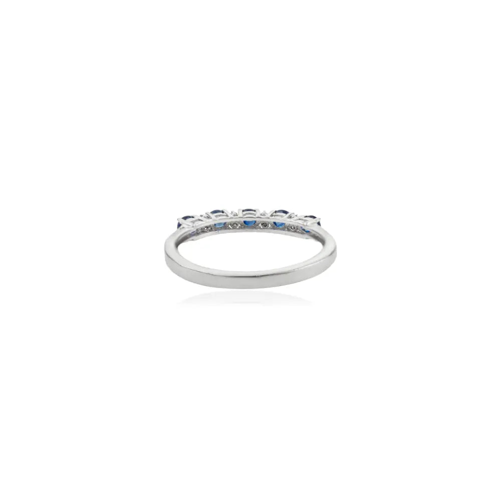 925 Sterling Silver Round Brilliant Cut Blue Sapphire & Diamond Half Eternity Band Ring